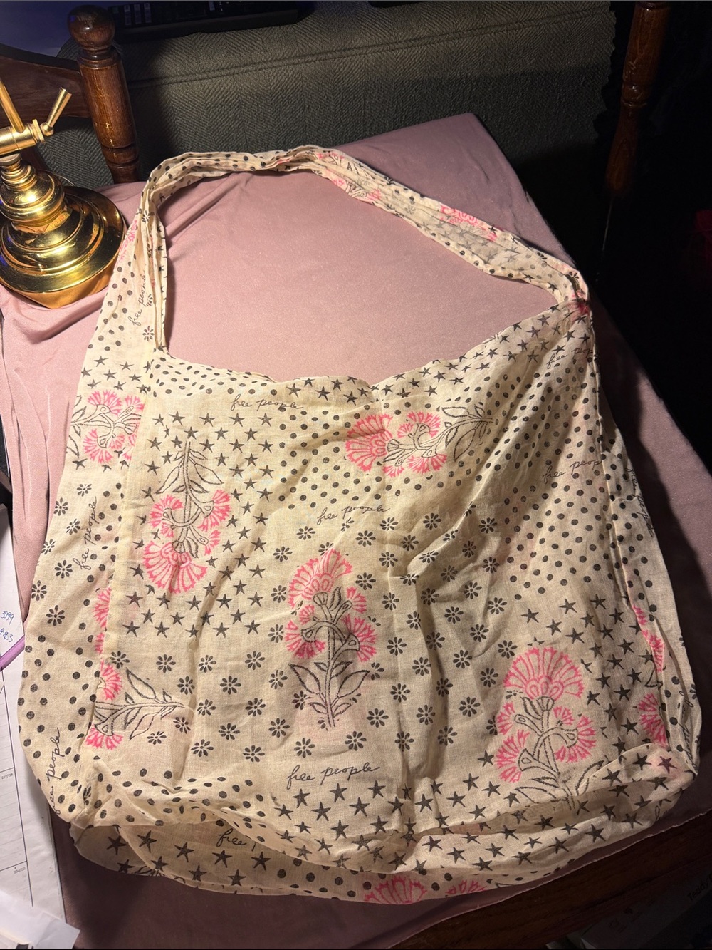 Free People Cream Canvas Shoulder Bag with Pink Floral Print